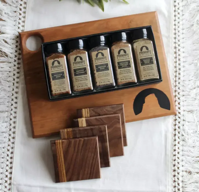 Small Charcuterie Board + (4) Walnut-zebrawood Coasters + Gourmet Spice Set