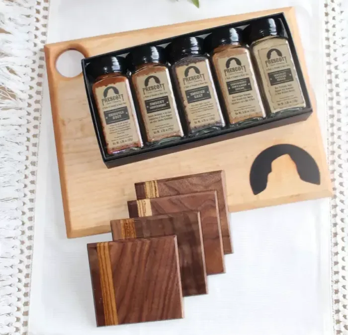 Small Charcuterie Board + (4) Walnut-zebrawood Coasters + Gourmet Spice Set - Image 2