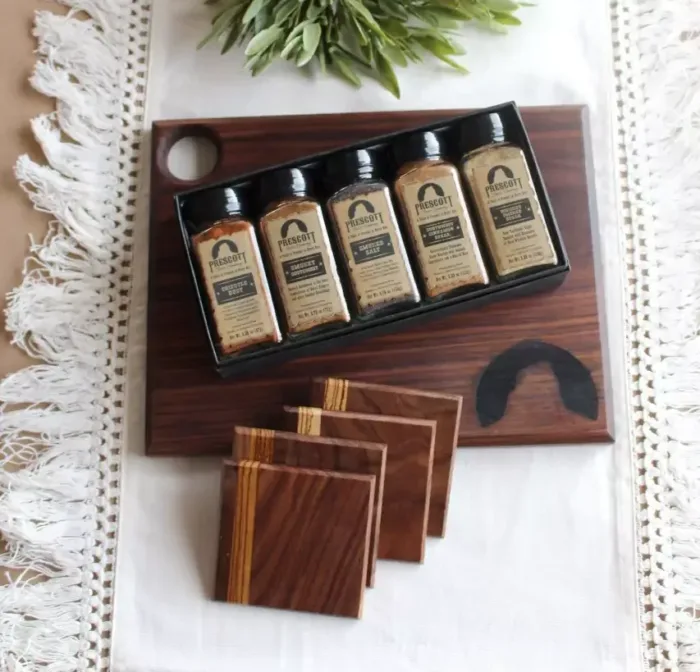 Small Charcuterie Board + (4) Walnut-zebrawood Coasters + Gourmet Spice Set - Image 3