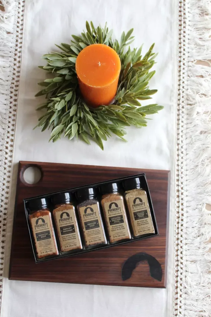 Prescott Spice Company - small walnut charcuterie board and gourmet spices gift set