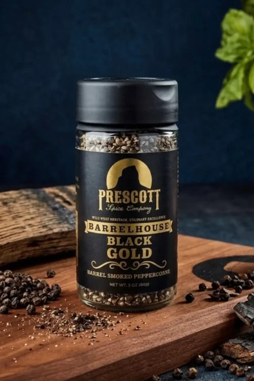 Prescott Spice Company Barrelhouse Black Gold Barrel Smoked Peppercorns glass jar on a wooden cutting board, with loose black peppercorns, crushed pepper, and a weathered wooden barrel stave on a dark background.