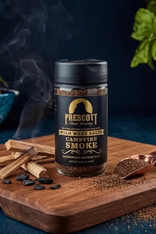 Prescott Spice Company Wild West Salts Campfire Smoke Alderwood Smoked Salt glass jar on a wooden cutting board, featuring smoldering wood kindling with rising smoke, small charcoal pieces, a copper scoop filled with smoked salt, and a blurred basil plant in the background.