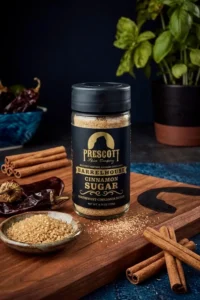 Prescott Spice Company Barrelhouse Southwest Cinnamon Sugar Southwest Cinnamon Sugar glass jar on a wooden cutting board, surrounded by cinnamon sticks, dried red chili peppers, a small ceramic bowl of brown sugar crystals, and a blurred basil plant in the background.