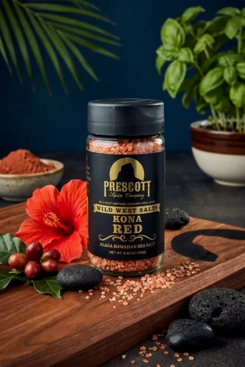 Prescott Spice Company Wild West Salts Kona Red Alaea Hawaiian Sea Salt glass jar on a wooden cutting board, styled with a red hibiscus flower, coffee cherries on a green leaf, black volcanic lava stones, loose red salt crystals, and a potted basil plant in the background.