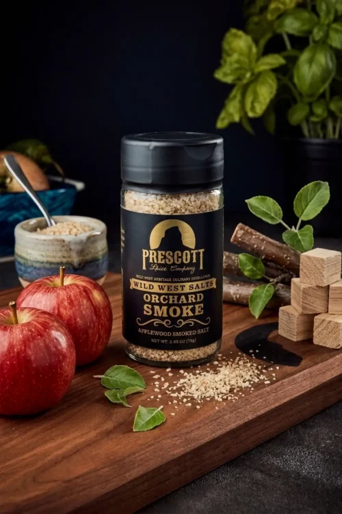 Prescott Spice Company Orchard Smoke Applewood Smoked Salt glass jar on a wooden cutting board, featuring fresh red apples, spilled salt grains, decorative wooden cubes, small branches, and a blurred basil plant in the background.