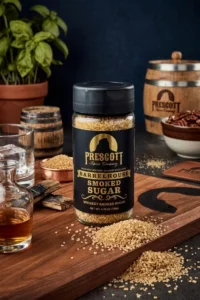Prescott Spice Company Barrelhouse Smoked Sugar Whiskey Smoked Sugar glass jar on a wooden cutting board, styled with spilled sugar crystals, a glass of whiskey on ice, small charred barrel staves, a miniature wooden barrel, and a potted basil plant in the background.