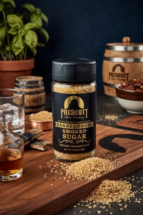 Prescott Spice Company Barrelhouse Smoked Sugar Whiskey Smoked Sugar glass jar on a wooden cutting board, styled with spilled sugar crystals, a glass of whiskey on ice, small charred barrel staves, a miniature wooden barrel, and a potted basil plant in the background.