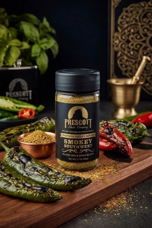 Prescott Spice Company Smokey Southwest Artisan Rub glass jar on a wooden cutting board, styled with charred green and red hatch chiles, a copper bowl filled with the spice mixture, a gold mortar and pestle, and a fresh basil plant in the background.