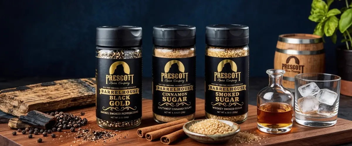 Three Prescott Spice Company glass jars with black and gold labels—Black Gold peppercorns, Cinnamon Sugar, and Smoked Sugar—arranged on a dark wooden board alongside loose spices, cinnamon sticks, a glass decanter, a tumbler with ice, and a miniature oak barrel.