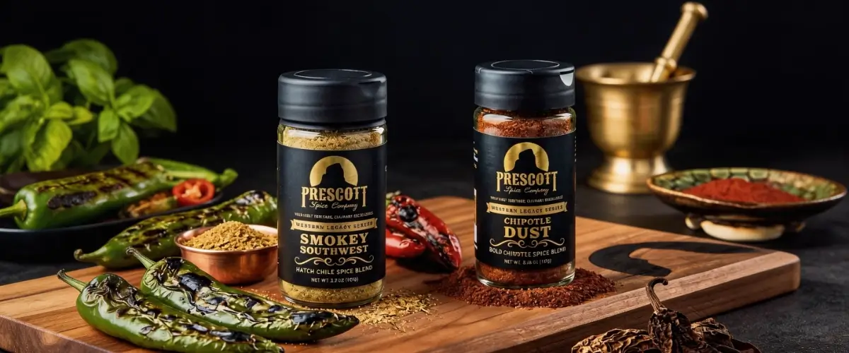Two Prescott Spice Company seasoning jars labeled Smokey Southwest Hatch Chile Blend and Chipotle Dust placed on a wooden cutting board with fresh and roasted green Hatch chiles, dried red peppers, a brass mortar and pestle, and spilled ground spices.