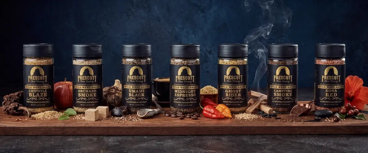 A wide display of seven Prescott Spice Company infused sea salt jars lined up on a dark wooden board, including Chipotle Blaze, Orchard Smoke, Umami Black, Midnight Espresso, Ghost Rider, Campfire Smoke, and Kona Red, set against a dark background with rising wisps of smoke and fresh garnishes like chiles, apples, and coffee beans.